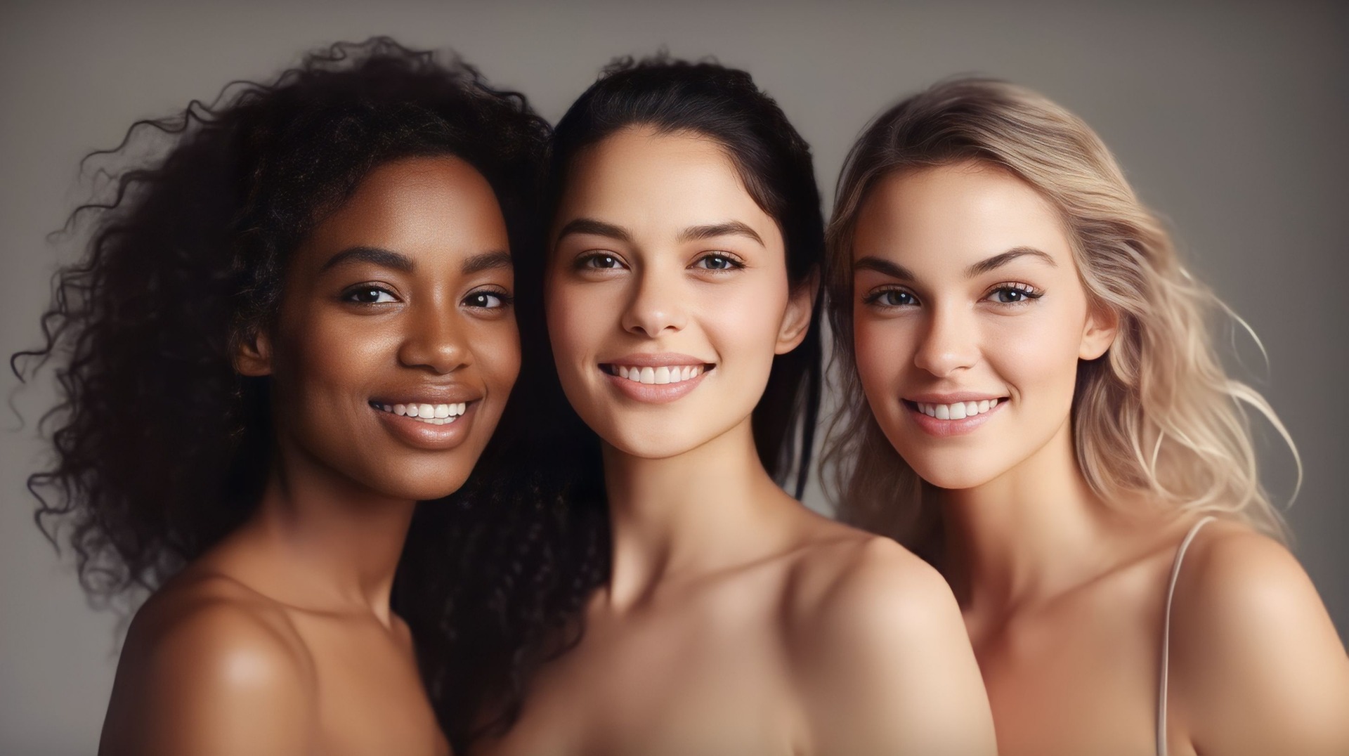 Three smiling diverse women with great skin